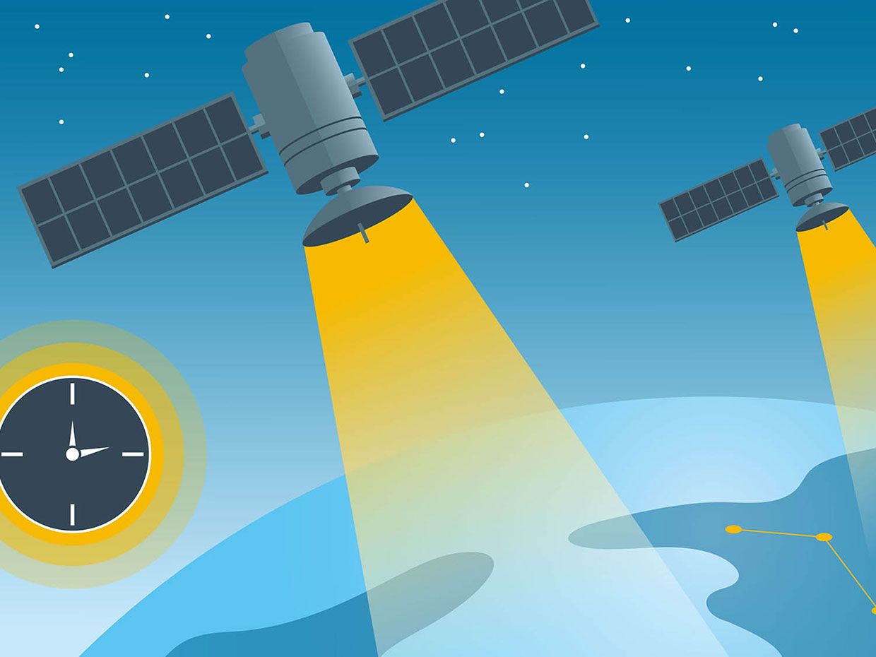 An illustration shows a satellite orbiting Earth and a clock off to the side.