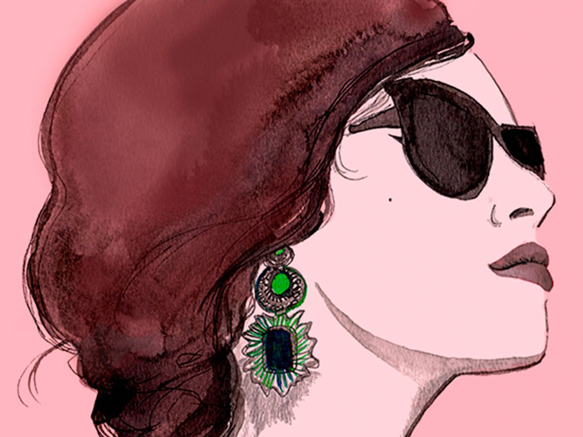 An illustration shows a woman with short hair wearing sunglasses and elaborate green earrings in front of a pink background.  