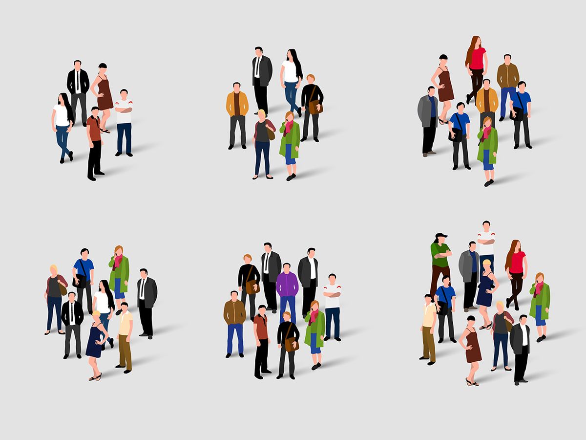 An illustration shows clusters of people standing against a light background.