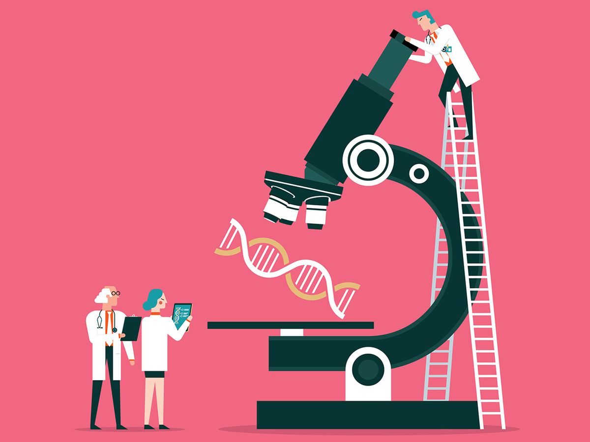 An illustration shows three tiny scientists examining a genome through a giant microscope.