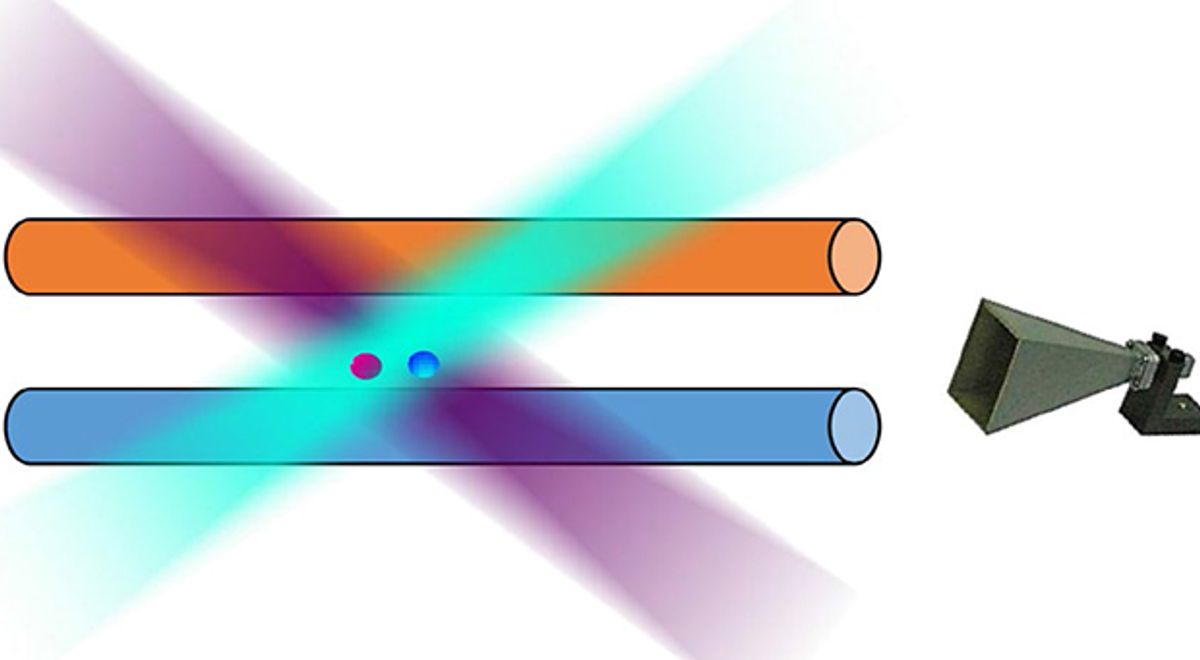 An illustration shows two colored balls between two horizontal cylinders to represent a magnetically-trapped single qubit cooled by a barium-138 ion. 