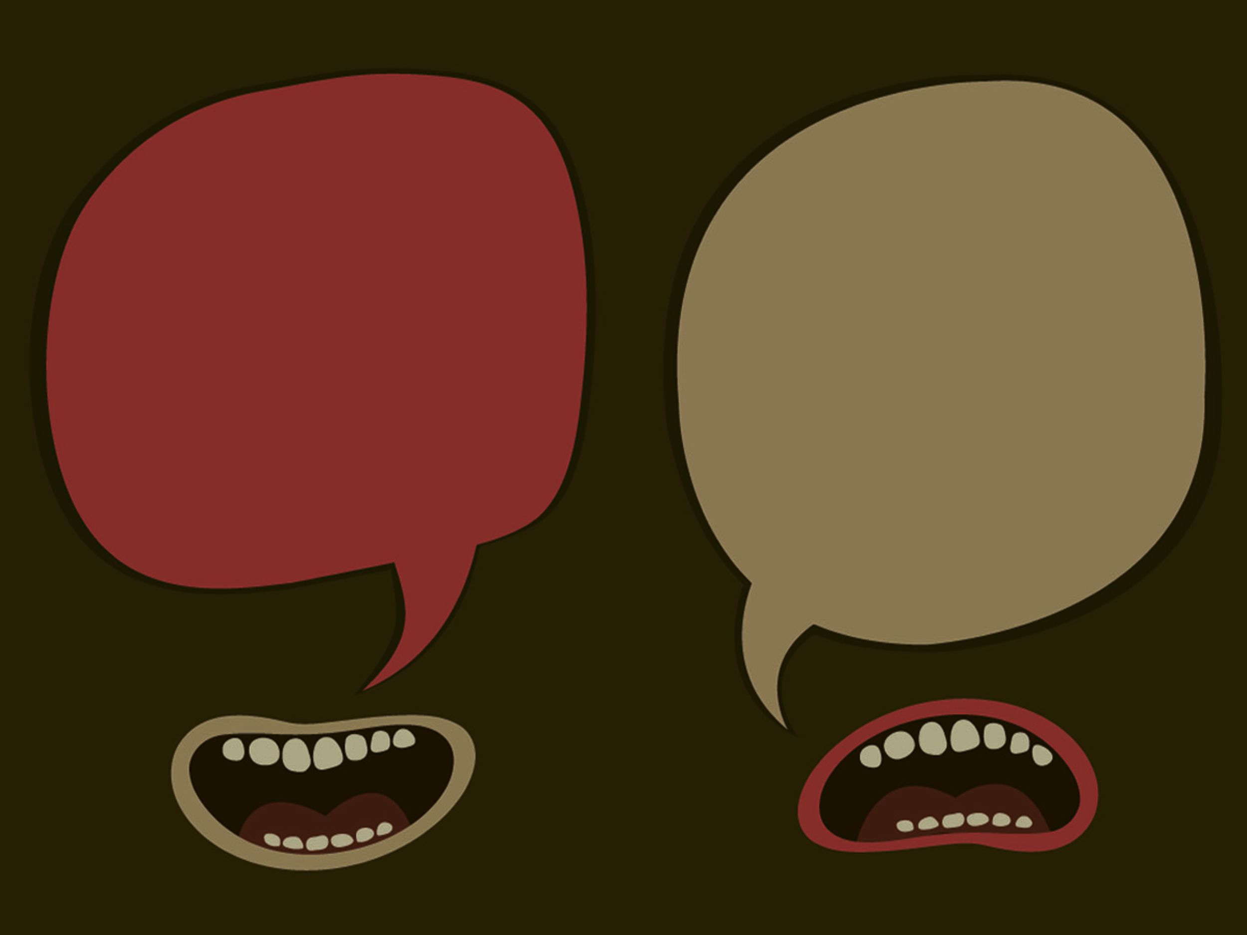 An illustration shows two mouths talking below two blank speech bubbles.
