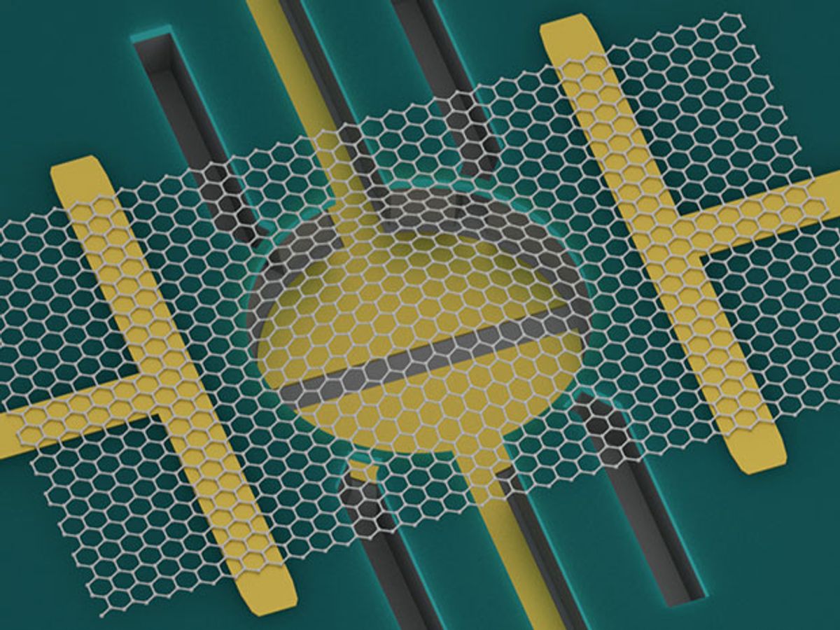 An illustration styled to look like a semiconductor micrograph. A sheet of hexagons with an electrode on either side is stretched over a circular depression.