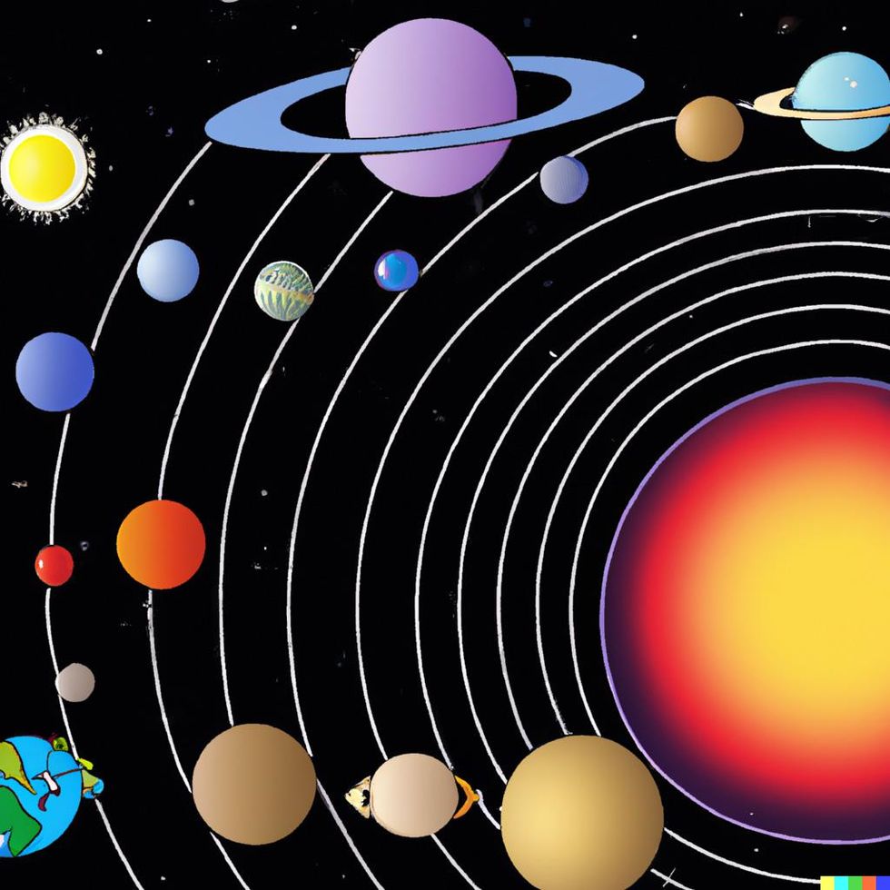 An image in the style of a scientific diagram shows a bright yellow sun surrounded by concentric lines. On or near the lines are 16 planet-like objects of different colors and shapes.u00a0