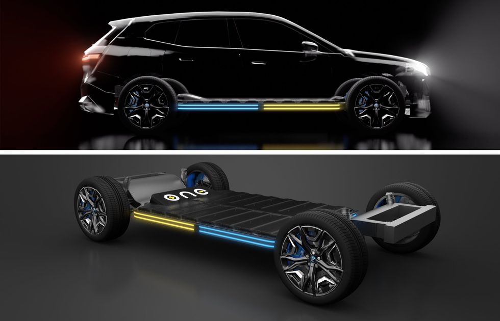 An image of a black car with blue and yellow lights on the bottom, and the battery packs that go inside it.