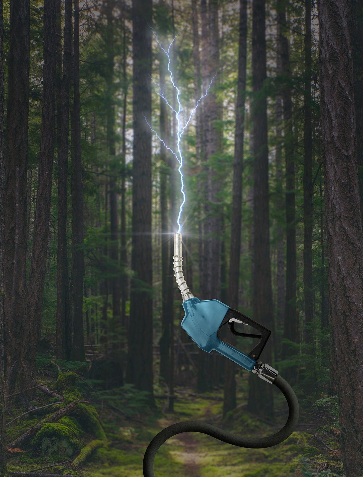 An image of a gas nozzle in front of a forest with lightning coming out.  