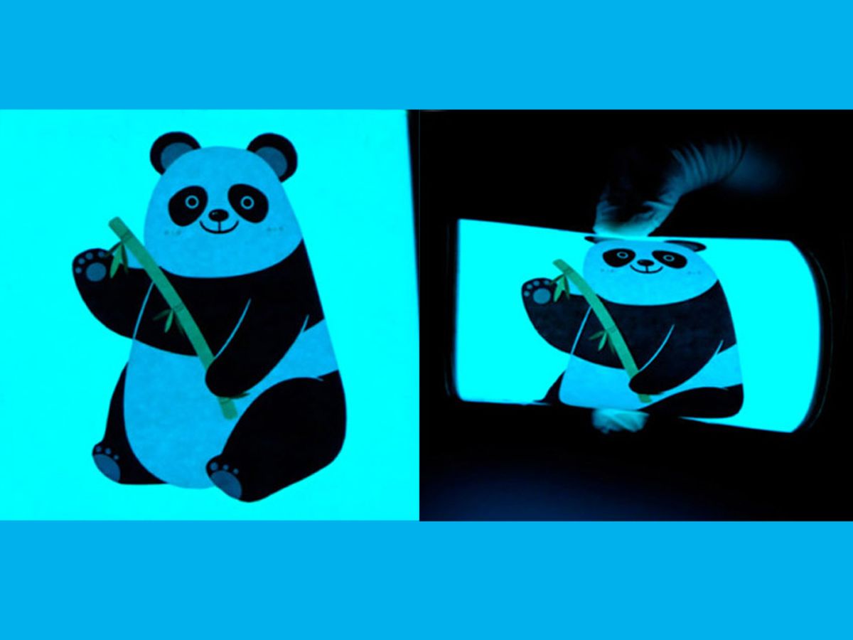 An image of a panda is used to illustrate how flexible, rechargeable yarn batteries can be connected in series to power electroluminescent panel displays.