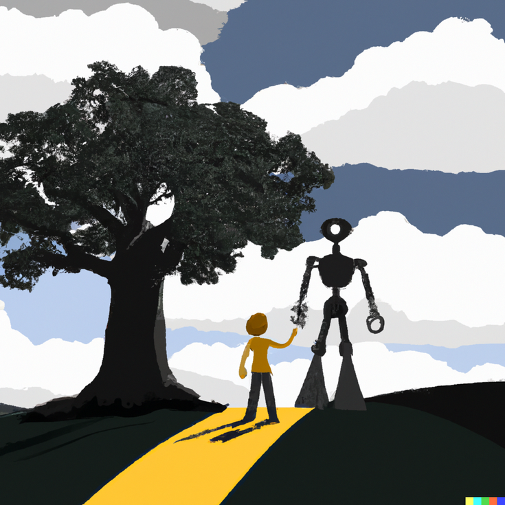 Изображение человека и робота, стоящих рядом с большим дубом, созданное с помощью модели искусственного интеллекта DALL-E2.
