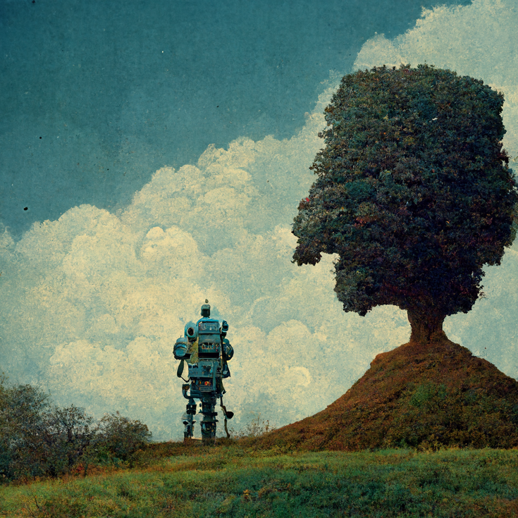 An image of a person and a robot standing beside a large oak tree, created with the Midjourney AI model.
