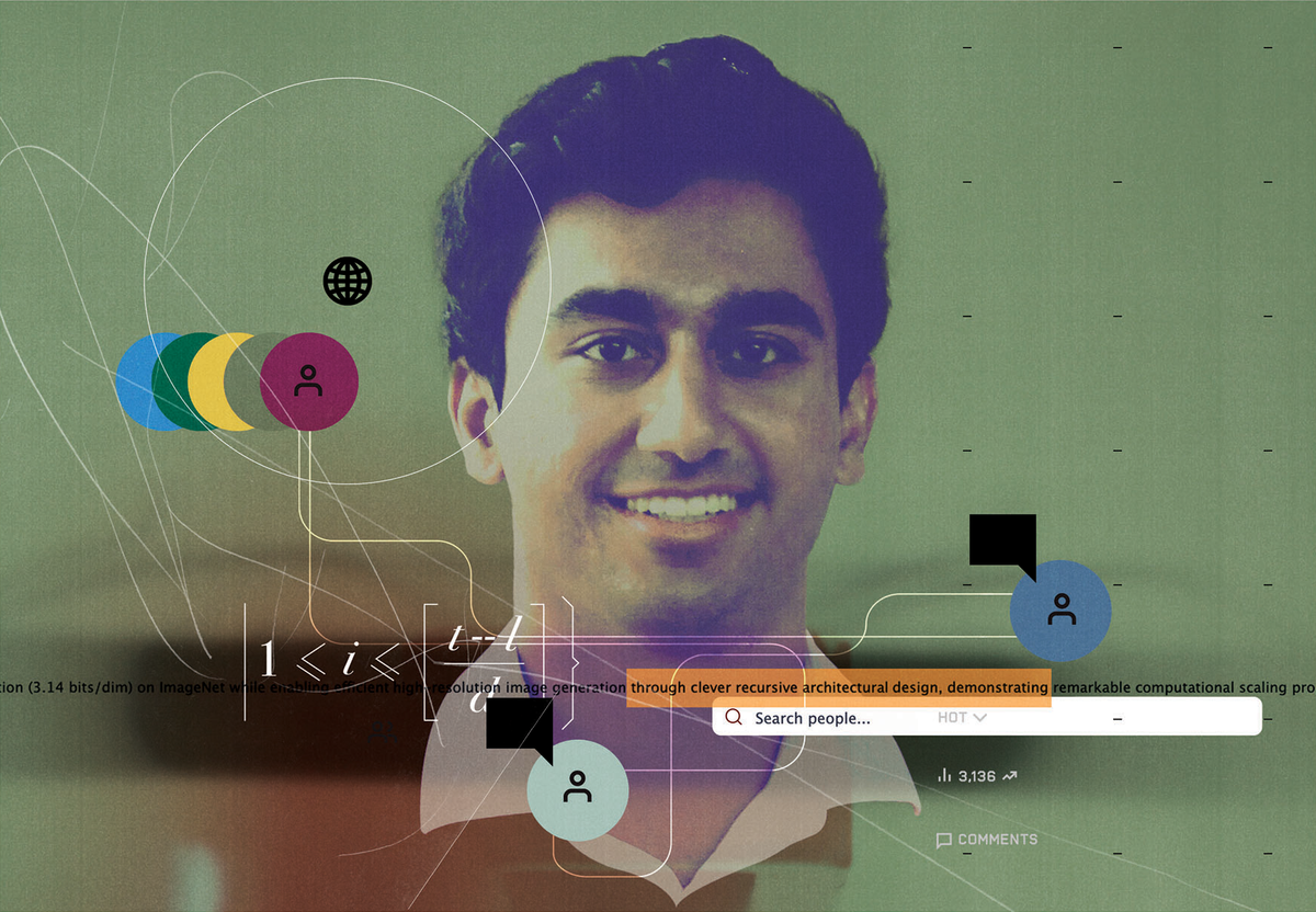 An image of a smiling man surrounded by colorful geometric shapes and search bar overlay on a green background.