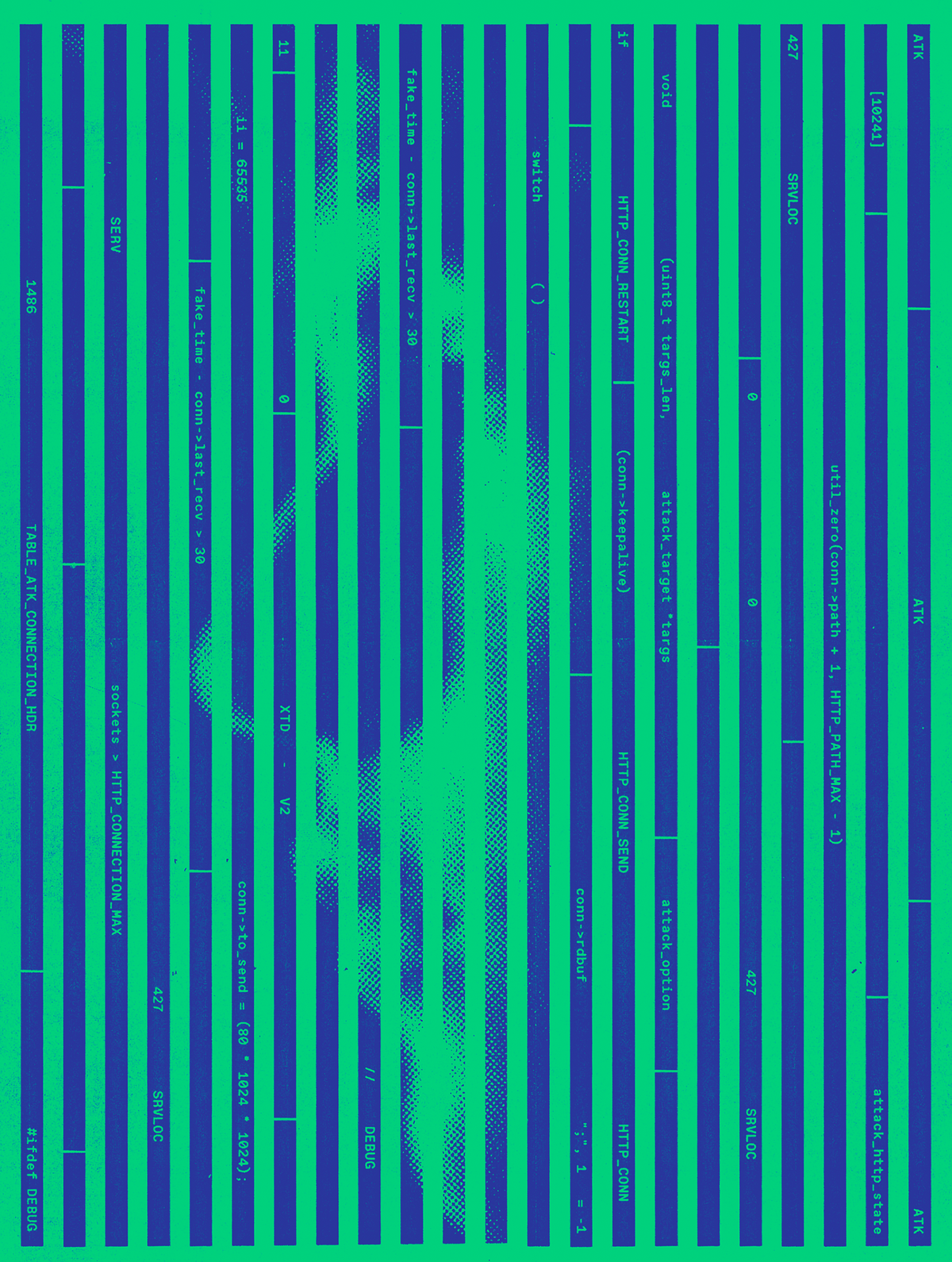 An image of blue and green lines with a face in blue line areas.  