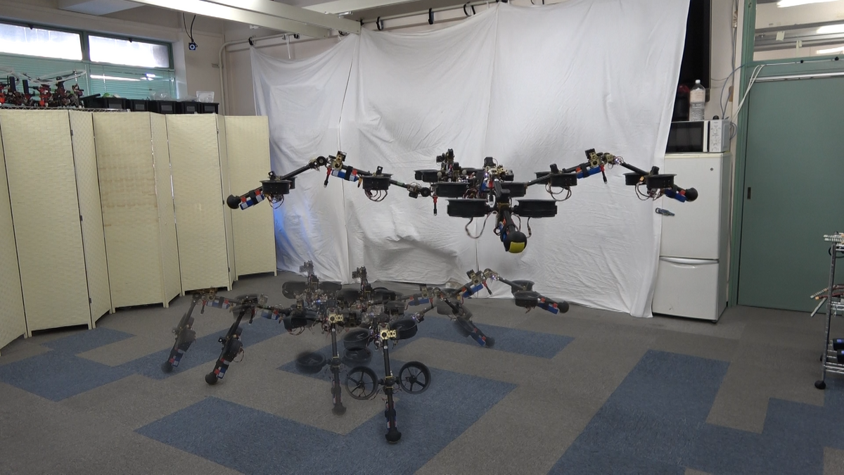 An image sequence showing a black legged robot with thrusters on its legs going from walking to flying