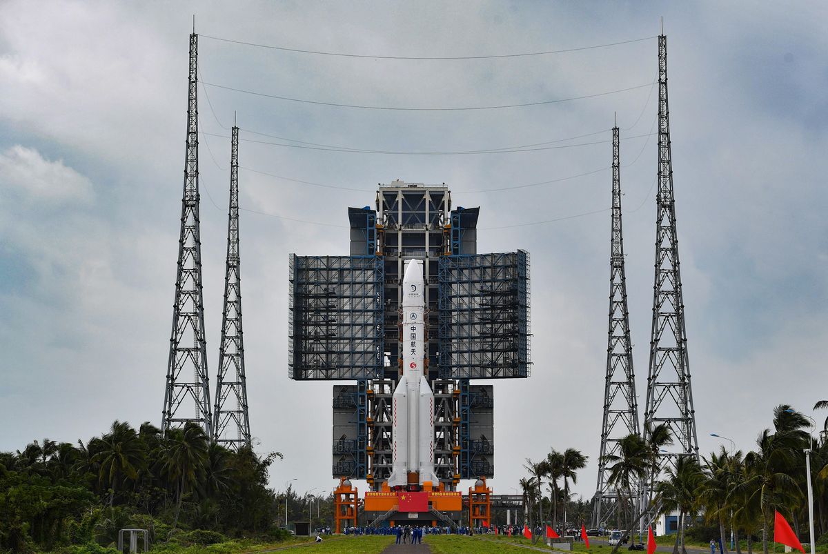 An image showing the Long March-5 Y5 rocket at the Wenchang Spacecraft Launch Site in south China's Hainan Province. 