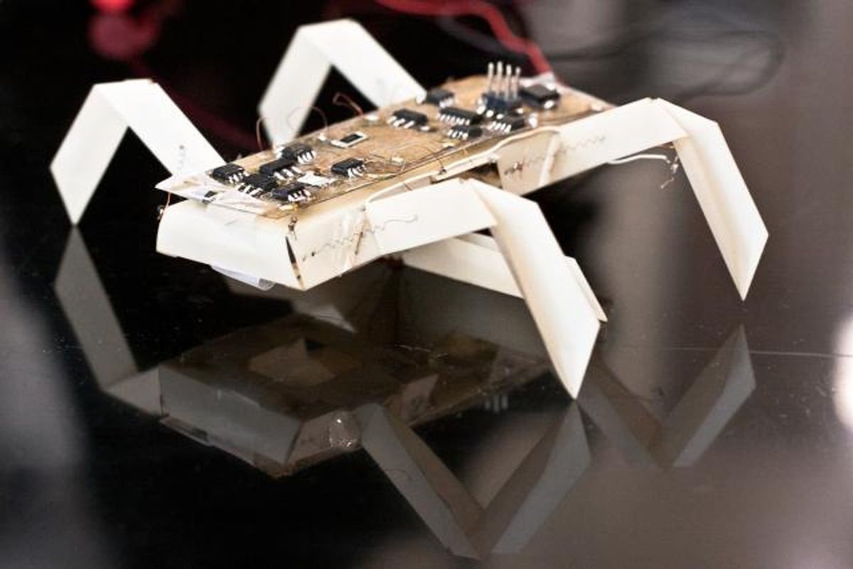 An insect-like robot designed and printed using new fabrication techniques developed by MIT researchers