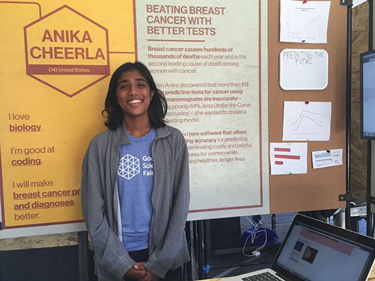 Anika Cheerla, a Google Science Fair finalist from Silicon Valley, reviews her research in breast cancer risk assessment using machine learning