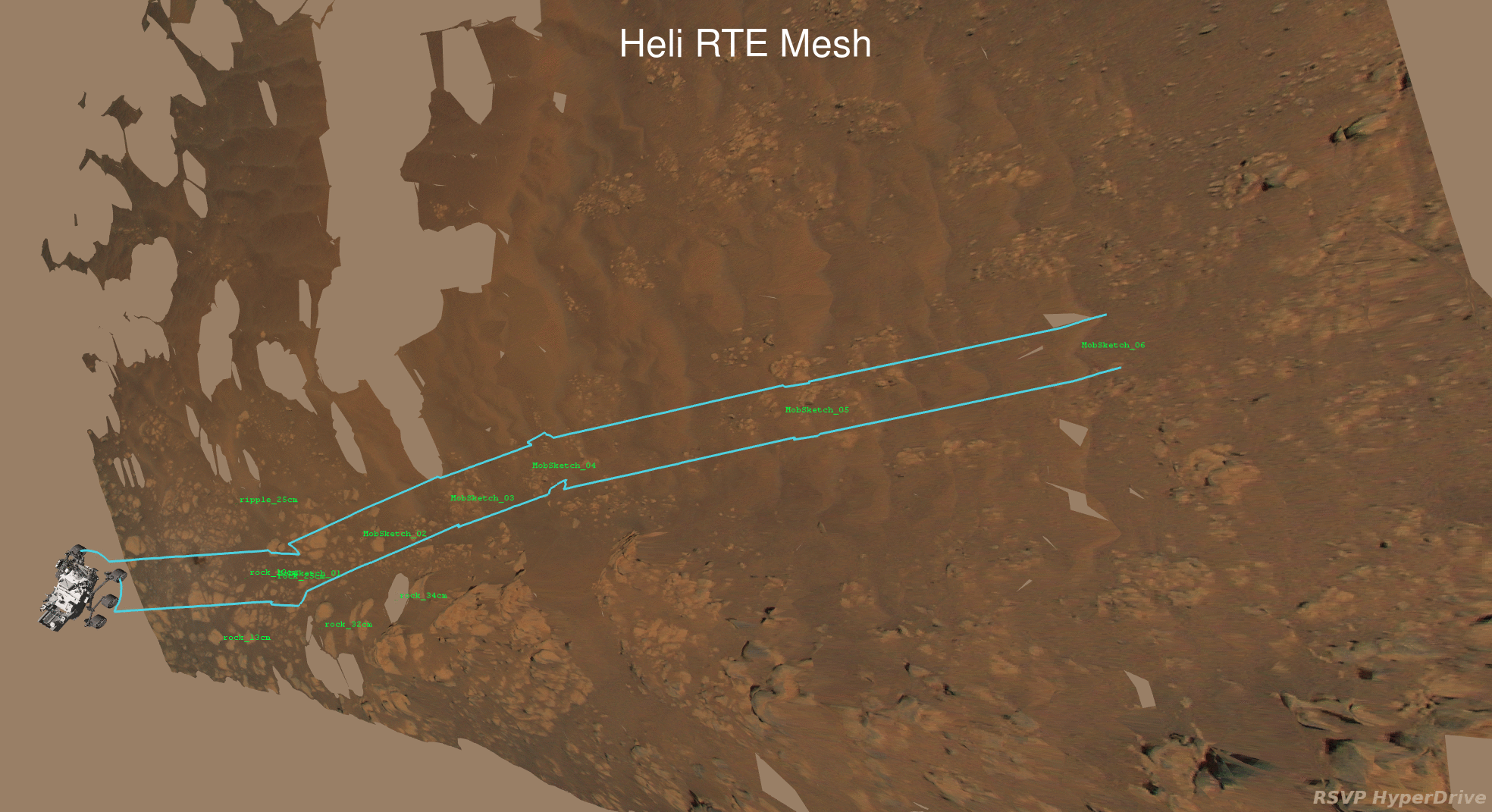 Animated gif cycling between blurry orbital imagery, less blurry rover imagery, and high resolution helicopter images