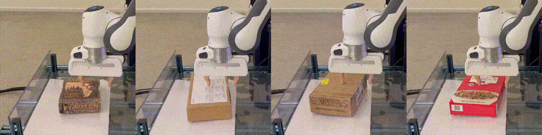 Animated gif of four scenes showing a robotic gripper pushing a different box against a barrier to angle it in order to grasp and lift it.