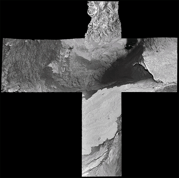 Animated gif showing a cross shaped aerial image in black and white and colored.