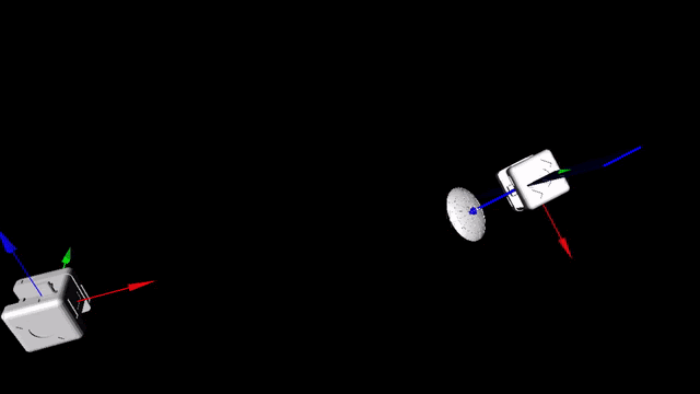 Animation of a square with 3 axis arrows maneuvering towards a spinning satellite.