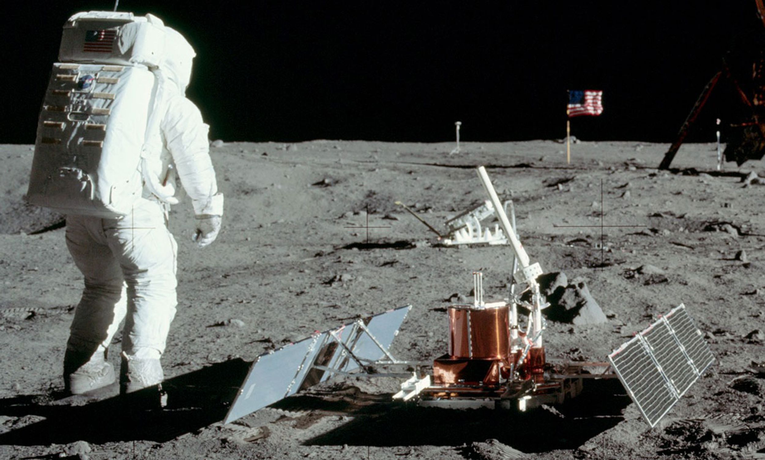 Apollo 11 astronaut Buzz Aldrin with the seismic experiment.