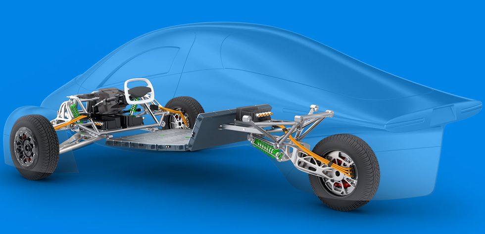 Aptera's engineers plan to evaluate the effects of using two wheel motors against three; virtually everything else up front is power electronics.