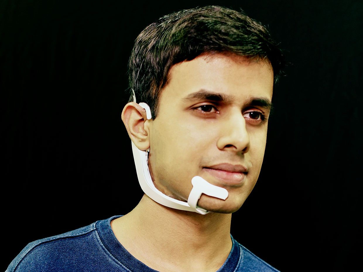 Arnav Kapur, a researcher in the Fluid Interfaces group at the MIT Media Lab, demonstrates the AlterEgo project.