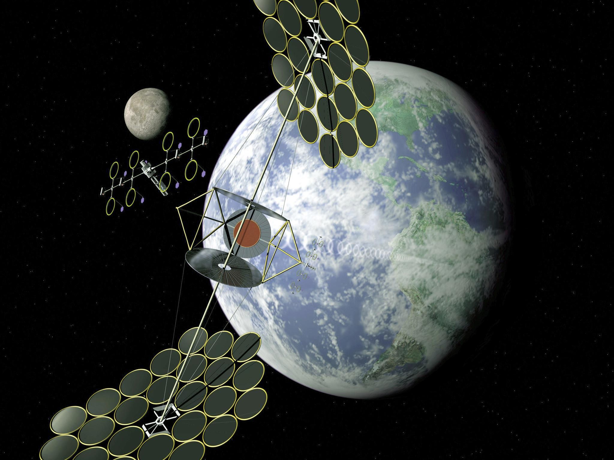 artist concept from 1999 of a solar power station in orbit.