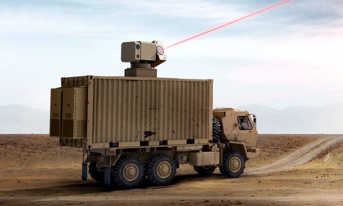 Artist's concept of laser weapon mounted in a truck; a real laser weapon emits an invisible infrared beam.