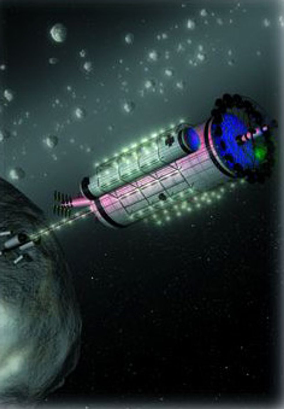 Artist\u2019s impression of a possible future manned mission to mine an asteroid