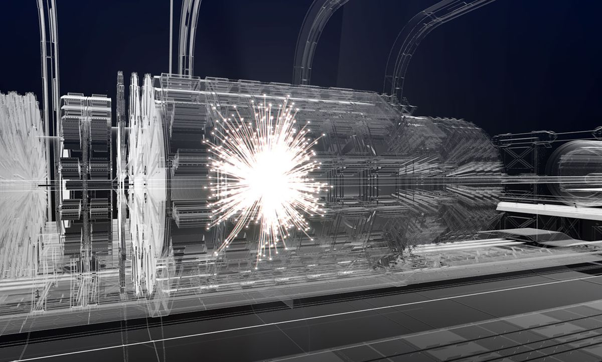 Artistic impression of a collision event at the center of a future detector.