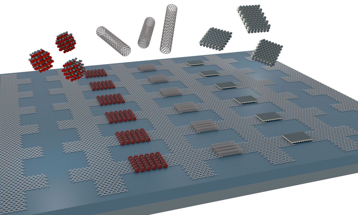 Artistic rendering of electric field assisted placement of nanoscale materials between pairs of opposing graphene electrodes structured into a large graphene layer located on top of a solid substrate.