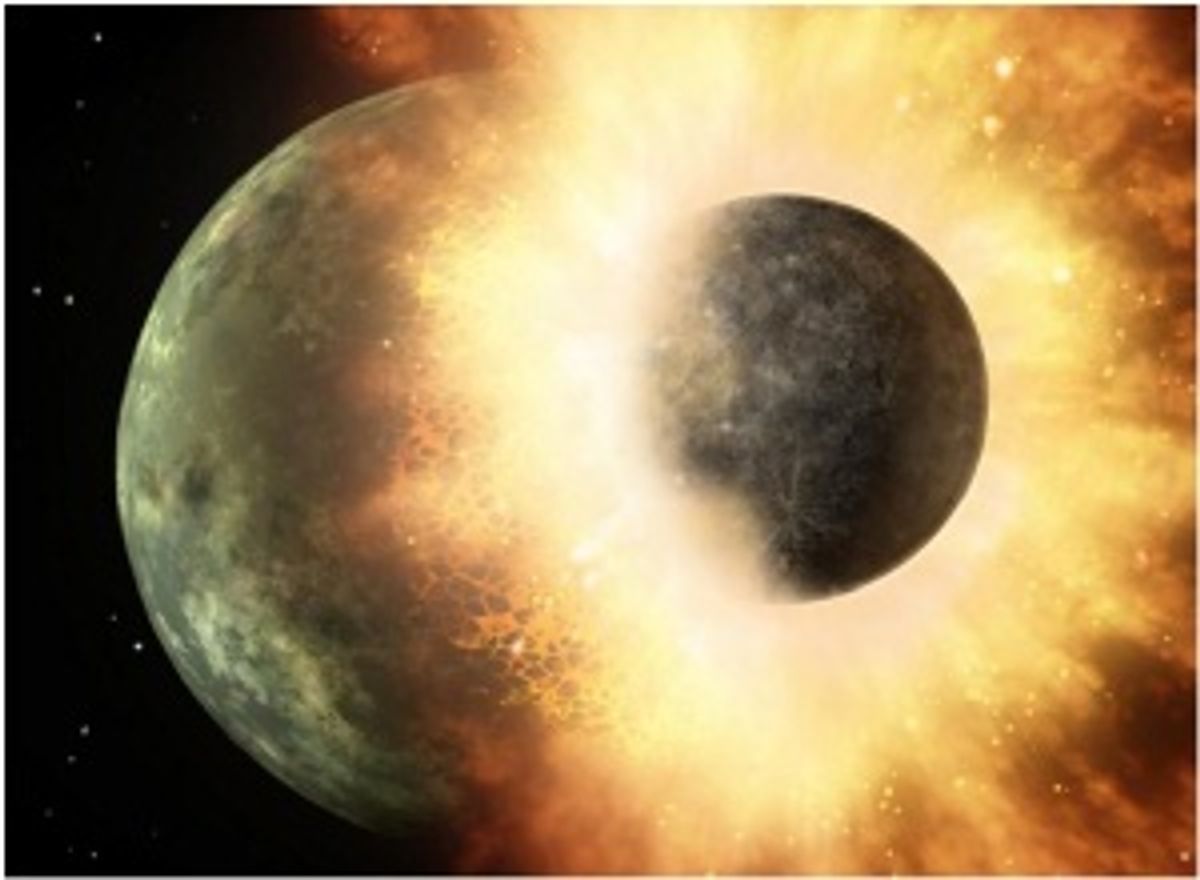 Artists conception of a planetary collision outside the Solar System suggests impact that formed Earth's moon.