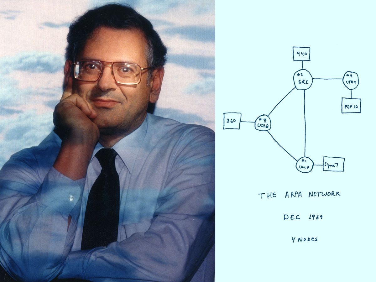 At left a bespectacled man in a blue shirt and dark tie. At right a hand-drawn diagram that includes 4 circles and 4 square connected by lines. A hand drawn label reads "The Arpa Network, Dec 1969, 4 nodes".