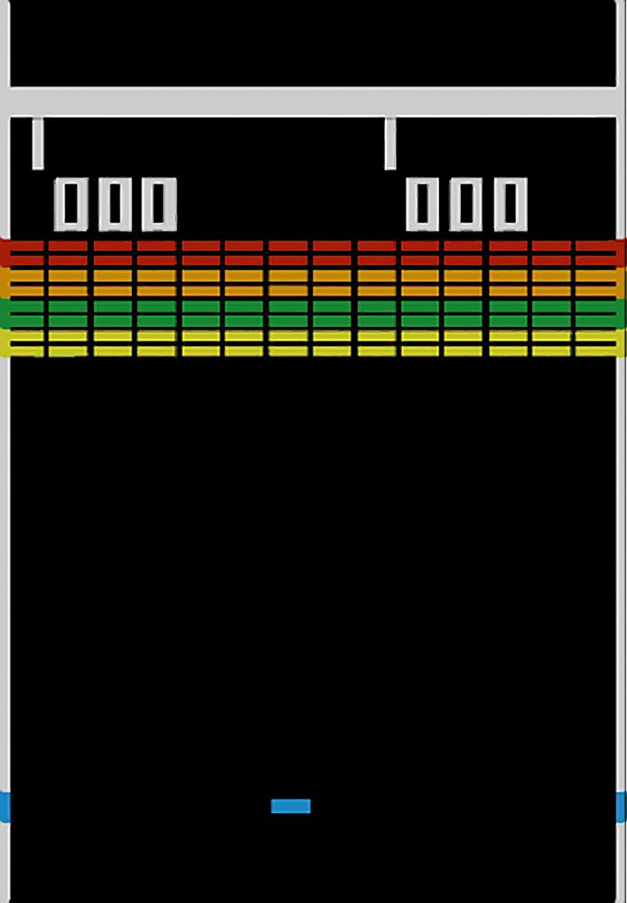 atari breakout game screen showing a paddle at bottom and rows of colored bricks and two score fields at top