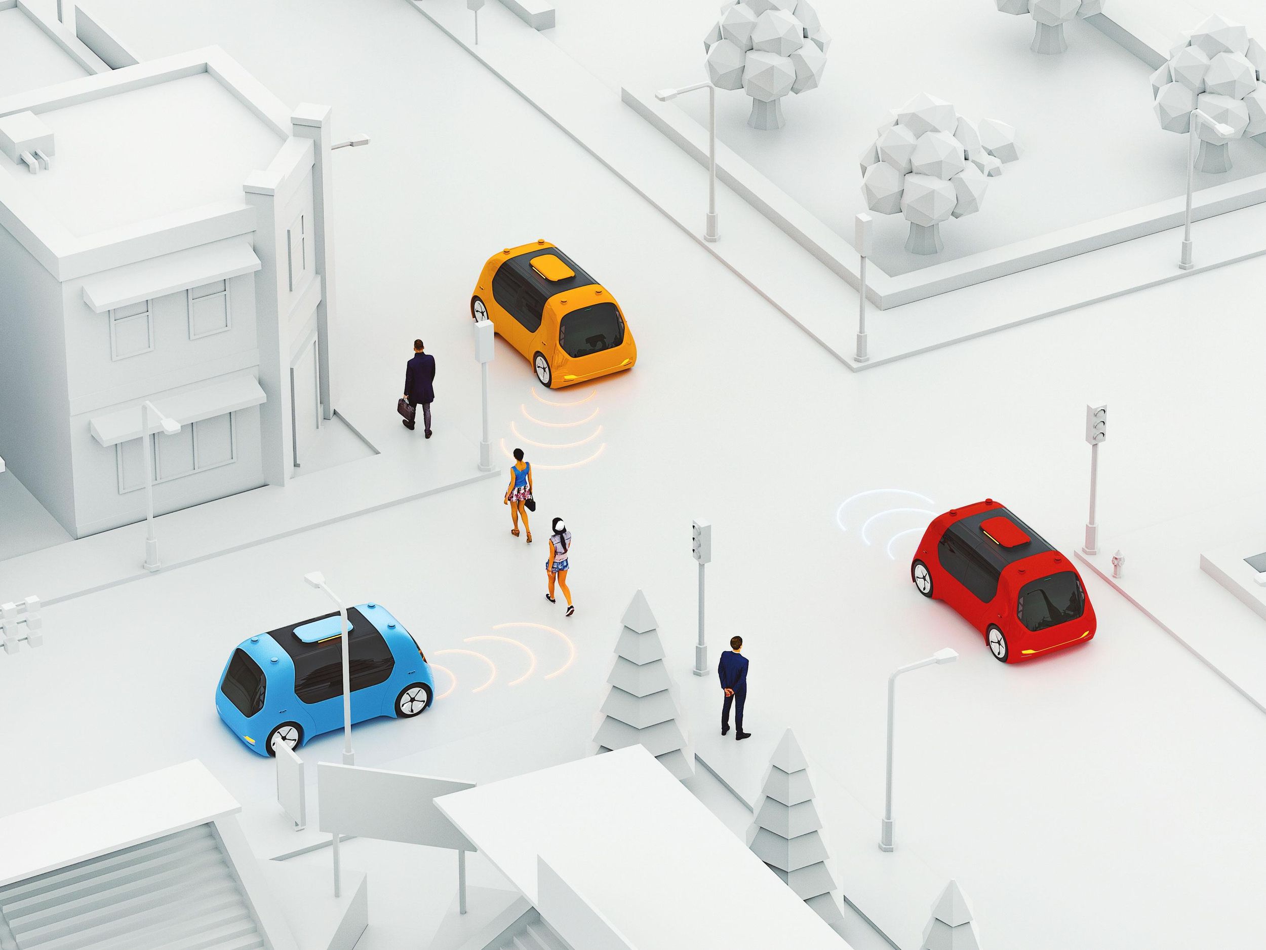 autonomous cars and pedestrians in city scene 