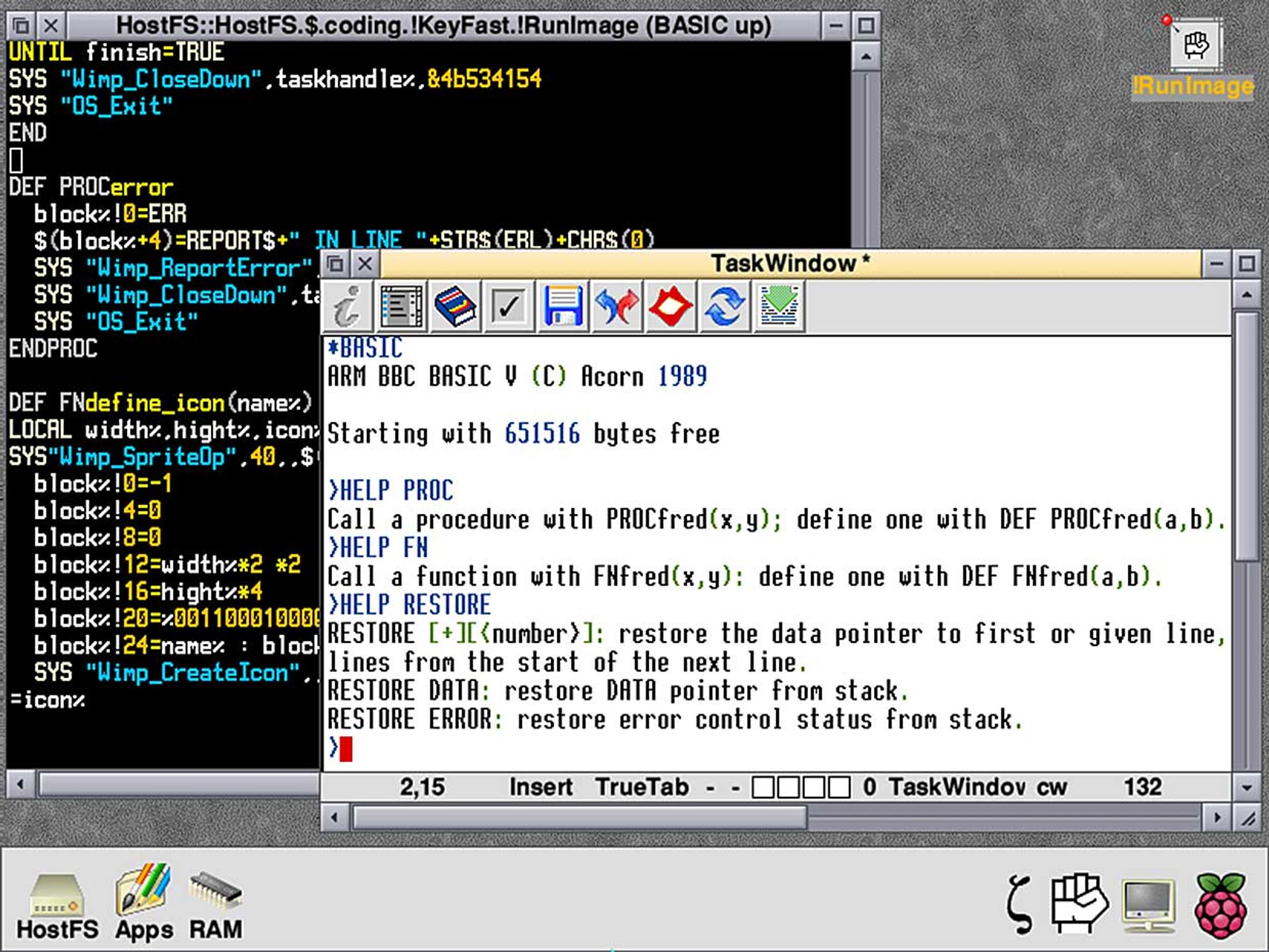 BBC Basic Startup under RISC OS in a so called TaskWindow and a BASIC Program with SyntaxColouring shown in a window of !Zap, the programmers editor