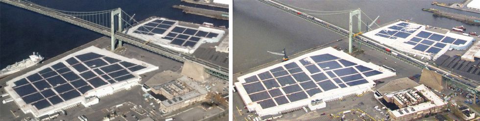 before and after shots of solar panels along river side