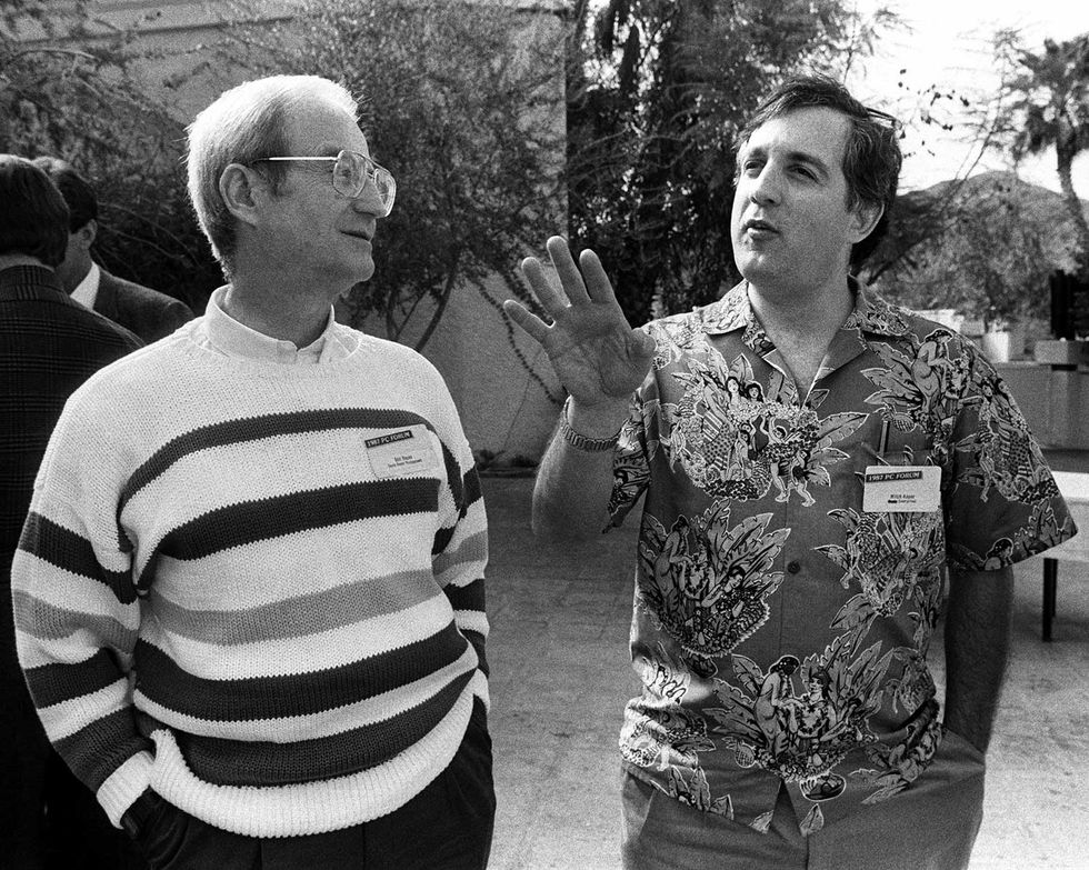 Benjamin Rosen (left), from Sevin Rosen Management/Benjamin M. Rosen Family Foundation, listens to Mitch Kapor, from Lotus Development/Kapor Enterprises, at the annual PC Forum, Phoenix, Arizona, February 22-25, 1987.