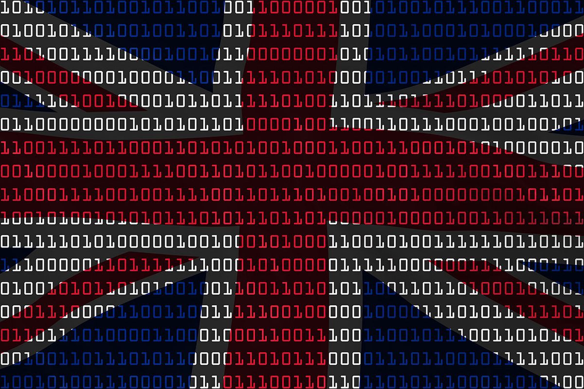 Binary code in the shape and colors of UK flag.