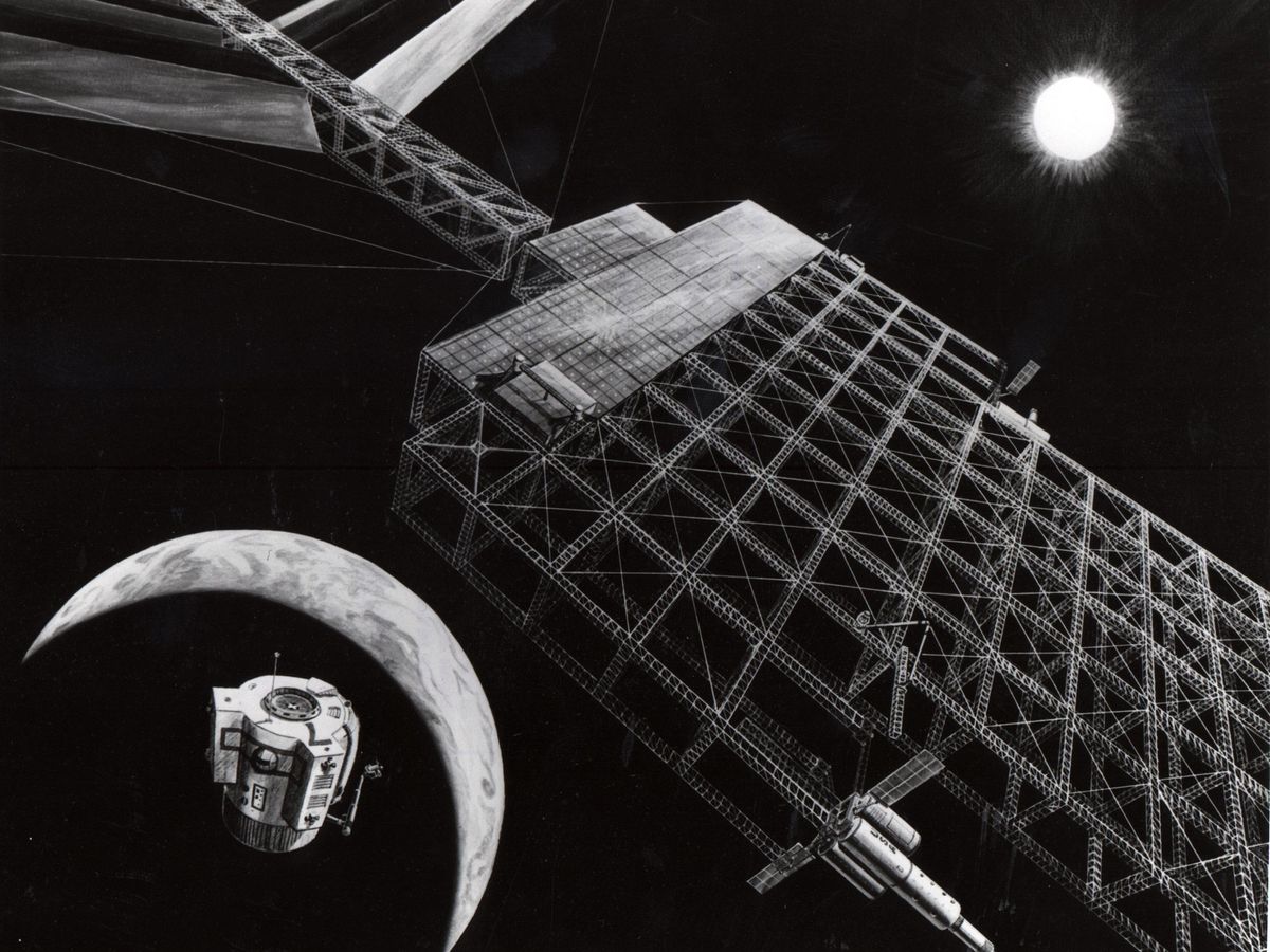 Black and white drawing shows a giant matrix of girders in space with a crescent Earth and the sun in the distance.