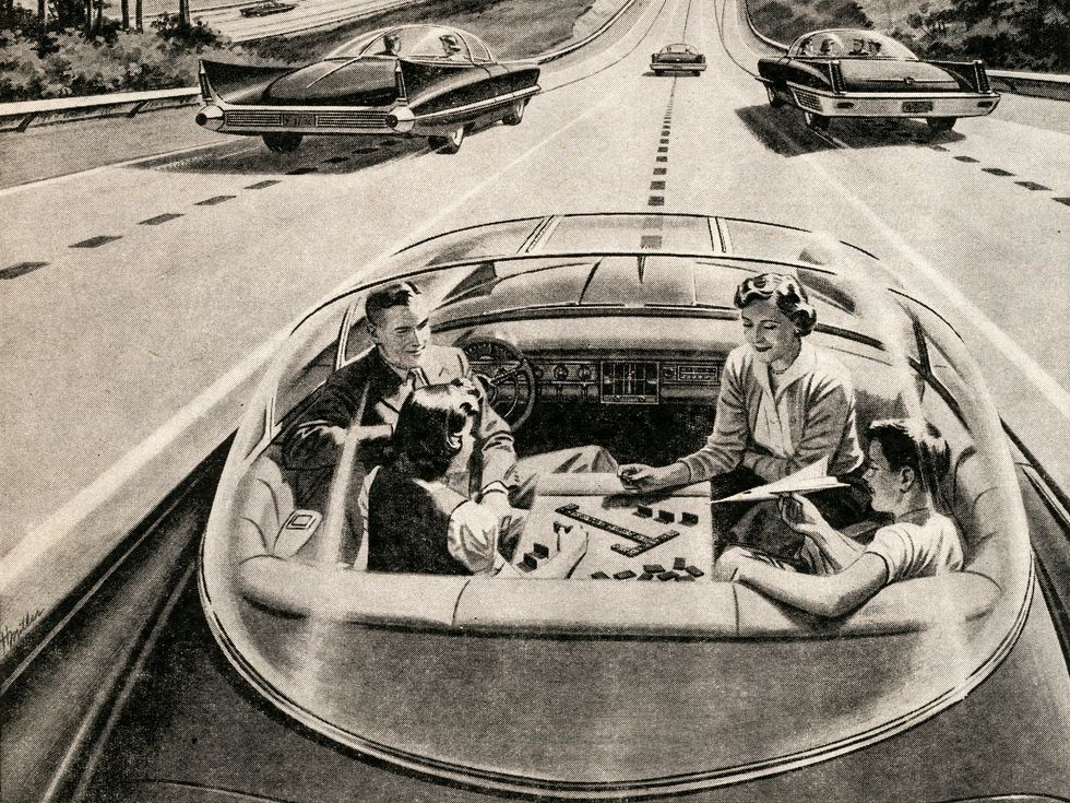Black and white illustration of four people playing a tile game in a car which has a clear bubble top. The car is driving on a highway by itself.
