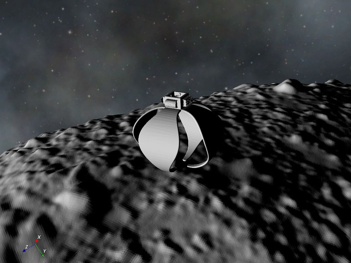 black and white image of a lily pad robot flexing on a cratered surface against a starry night sky