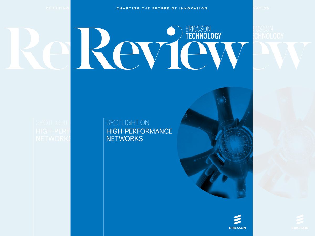 blue magazine cover that reads “Ericsson Technology Review” with a graphic element on the bottom right