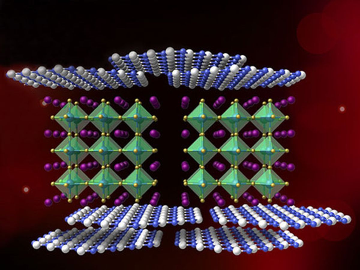 Boron nitride nanosheets [blue and white atoms] act as insulators to protect a barium nitrate central layer [green and purple atoms] for high temperature energy storage.