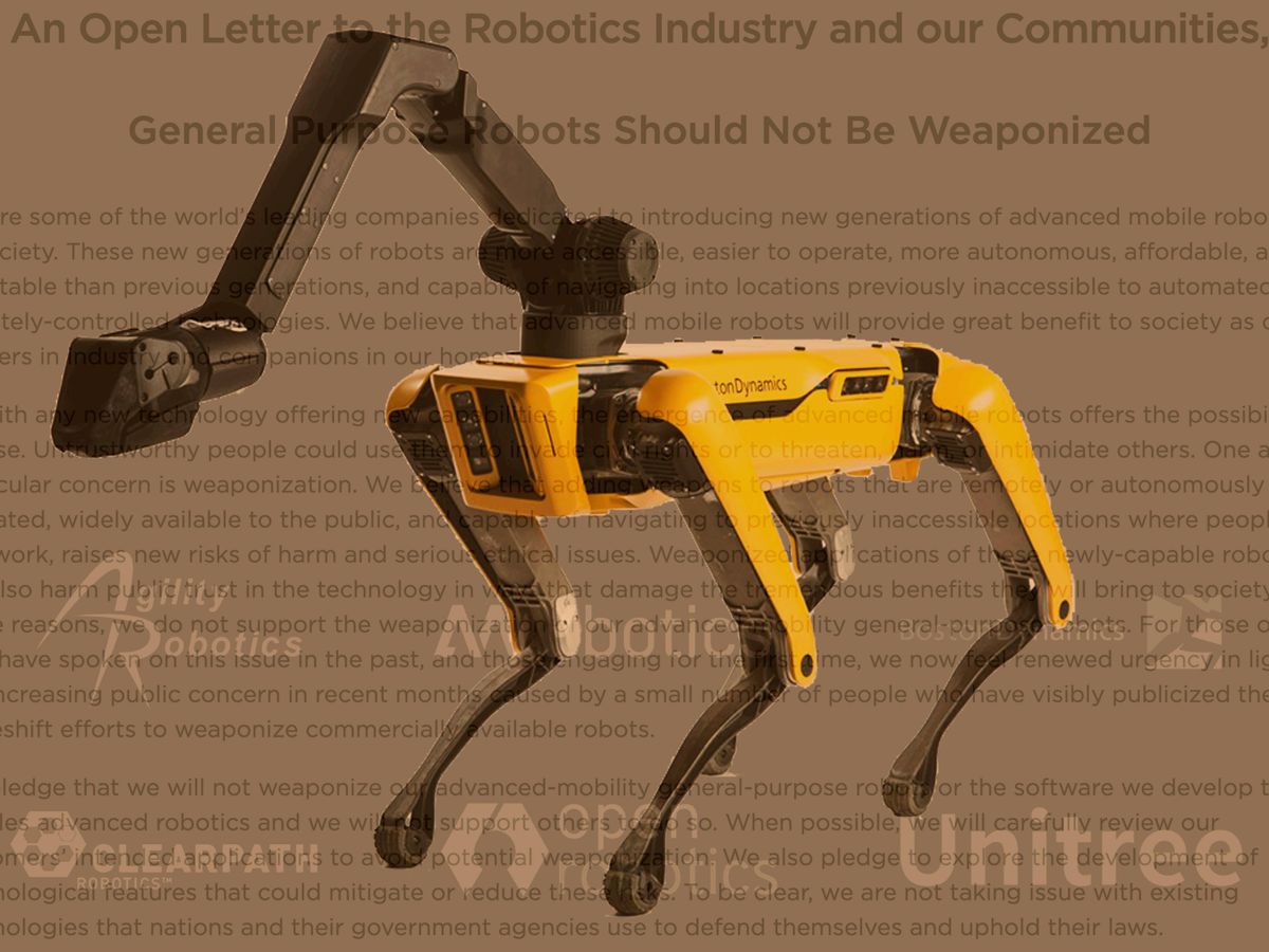 Boston Dynamics spot robot set against a mocha-colored background containing logos of several robotics companies and the text of the open-letter against weaponized robotics
