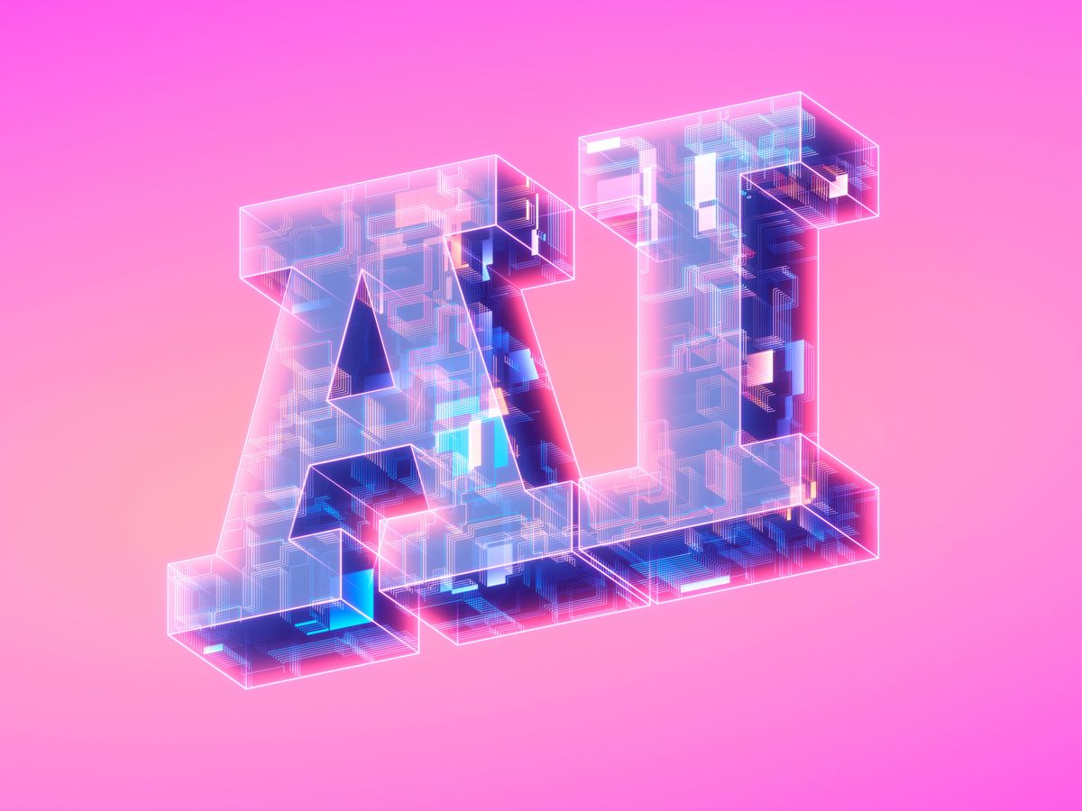 Bright pink background with a 3D rendering of the letters AI with tech details