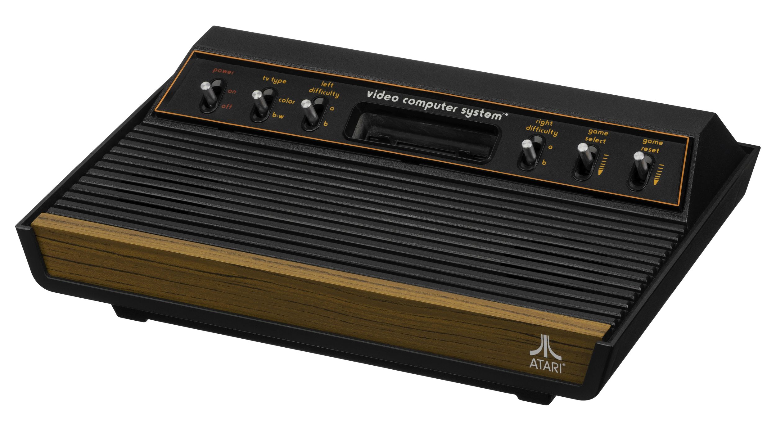 Brown and black gaming console with Atari logo labeled video computer system