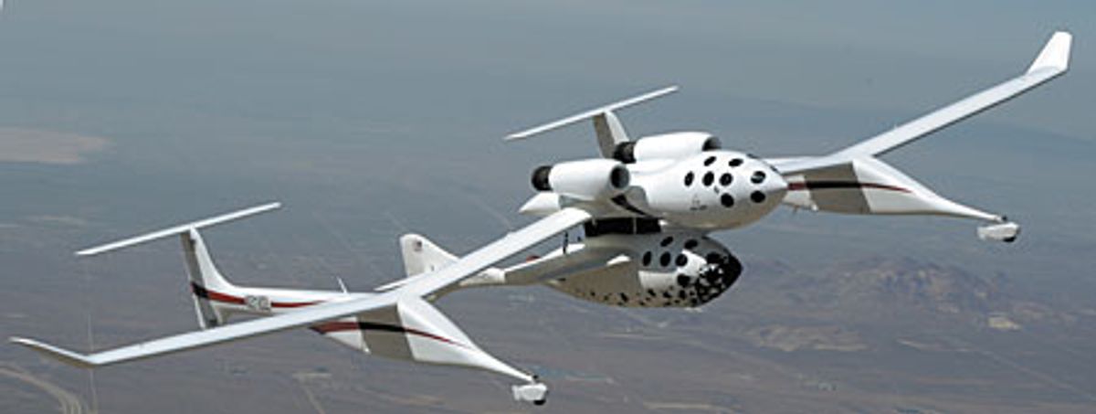 Burt Rutan's SpaceShipOne rocket is cradled below a turbojet aircraft