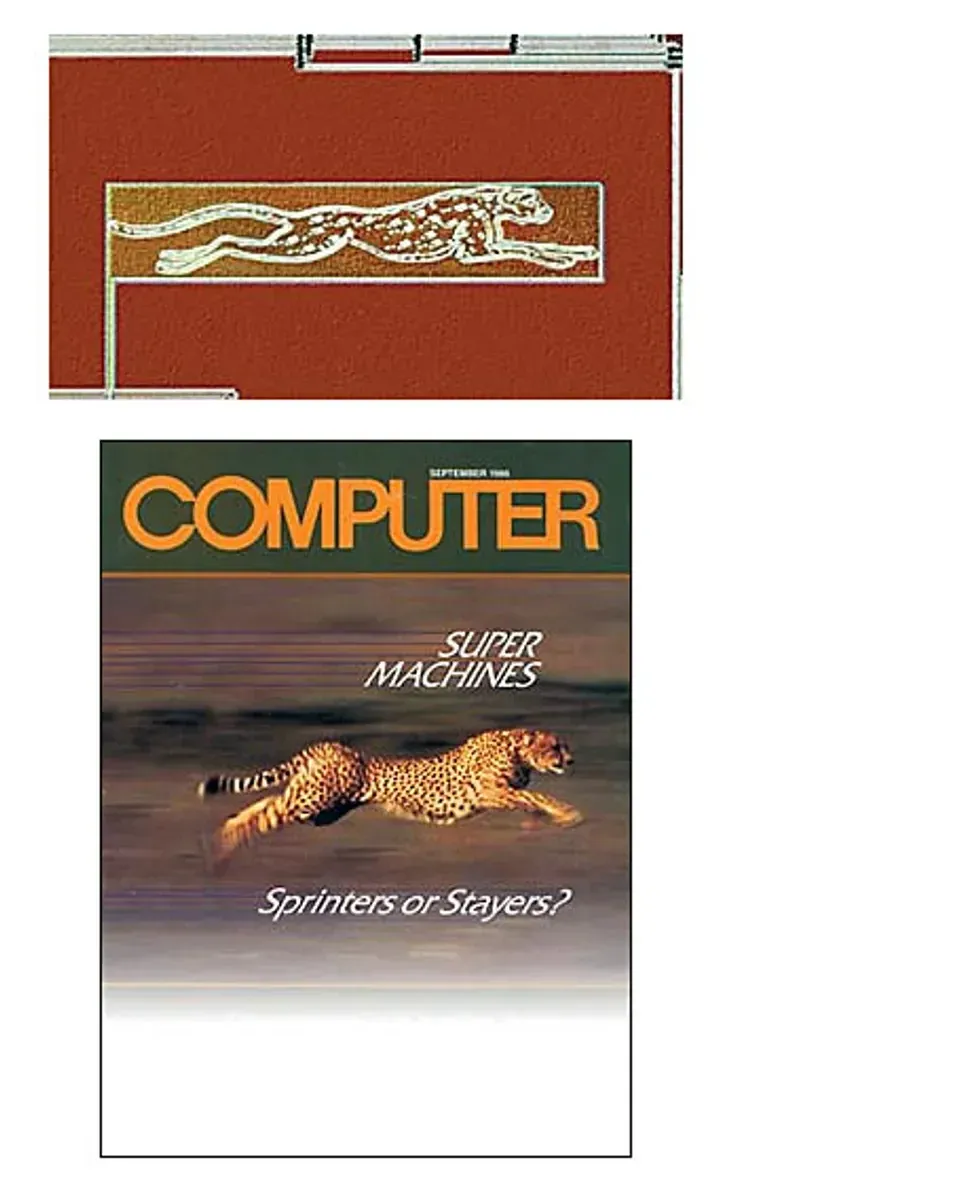 Cheetah-themed microchip art and Computer magazine cover with cheetah, "Sprinters or Stayers?"
