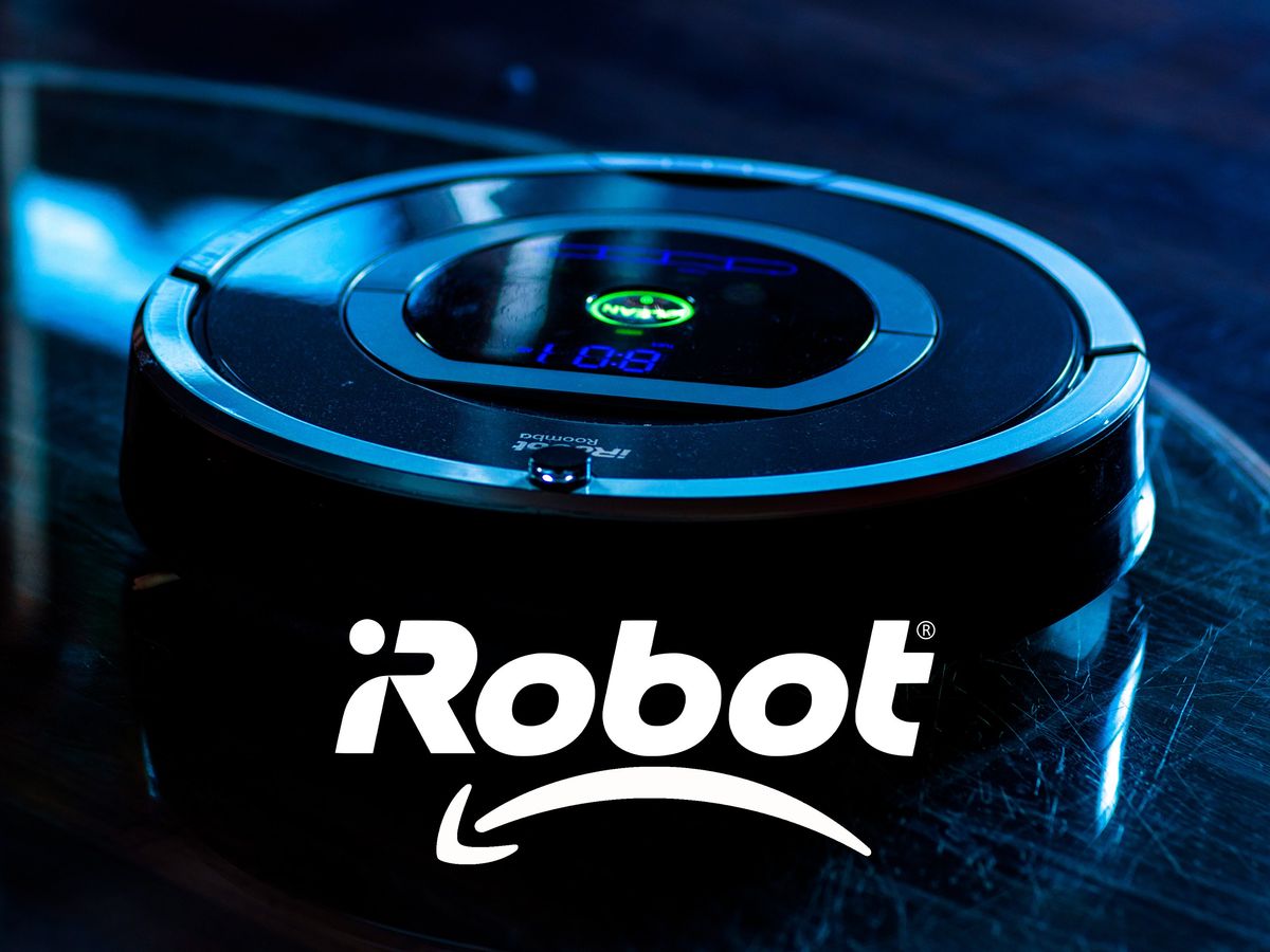 circle robot vacuum against a blue background with iRobot logo underneath